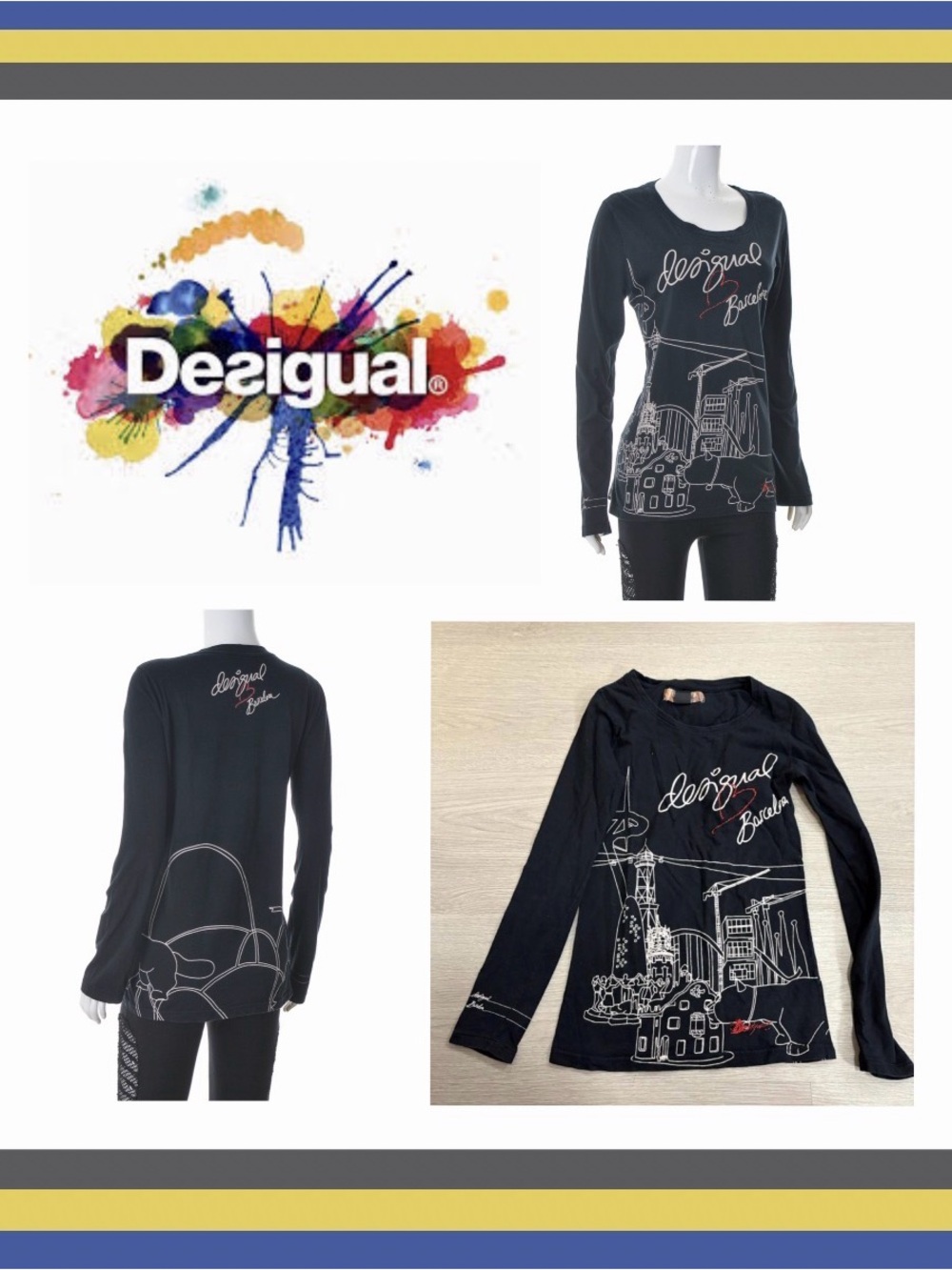 Desigual Black Long Sleeve Graphic Top with White City Sketch